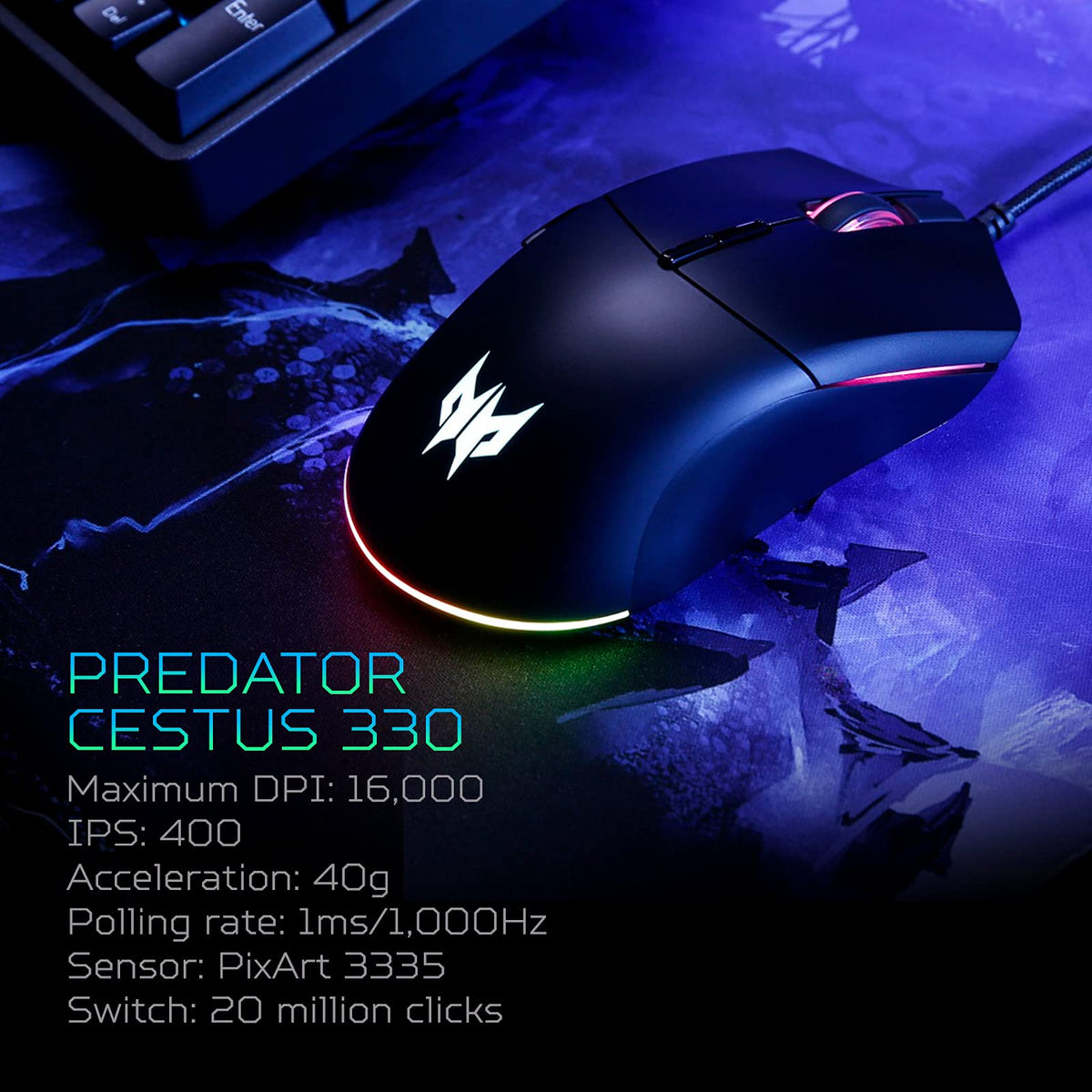 Acer Predator Cestus 330 Mouse de gaming cu senzor PixArt 335, setări DPI ajustabile, 16,8 milioane de combinații de iluminare RGB și NVIDIA Reflex. - PMW920