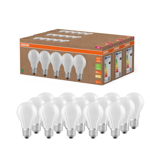 Osram highly efficient LED lamps with energy efficiency class A, value pack with 15 bulbs, replaces conventional 100W light bulbs, warm white (2700K), E27, matt glass - 4099854297526