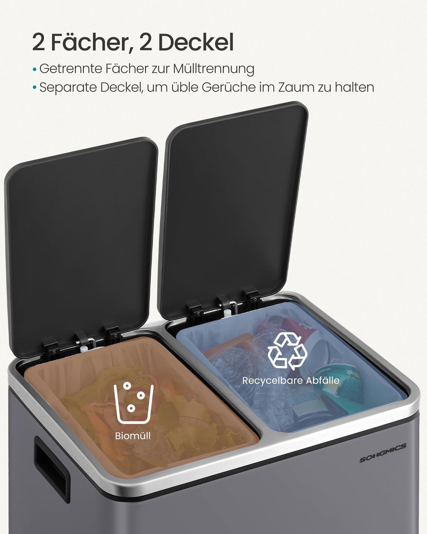 SONGMICS kitchen trash can, 2 x 15 liters, trash separation system 2 compartments, including 15 trash bags, trash can, pedal bin, recyclable waste, organic waste, soft close lid, matt gray LTB030G01