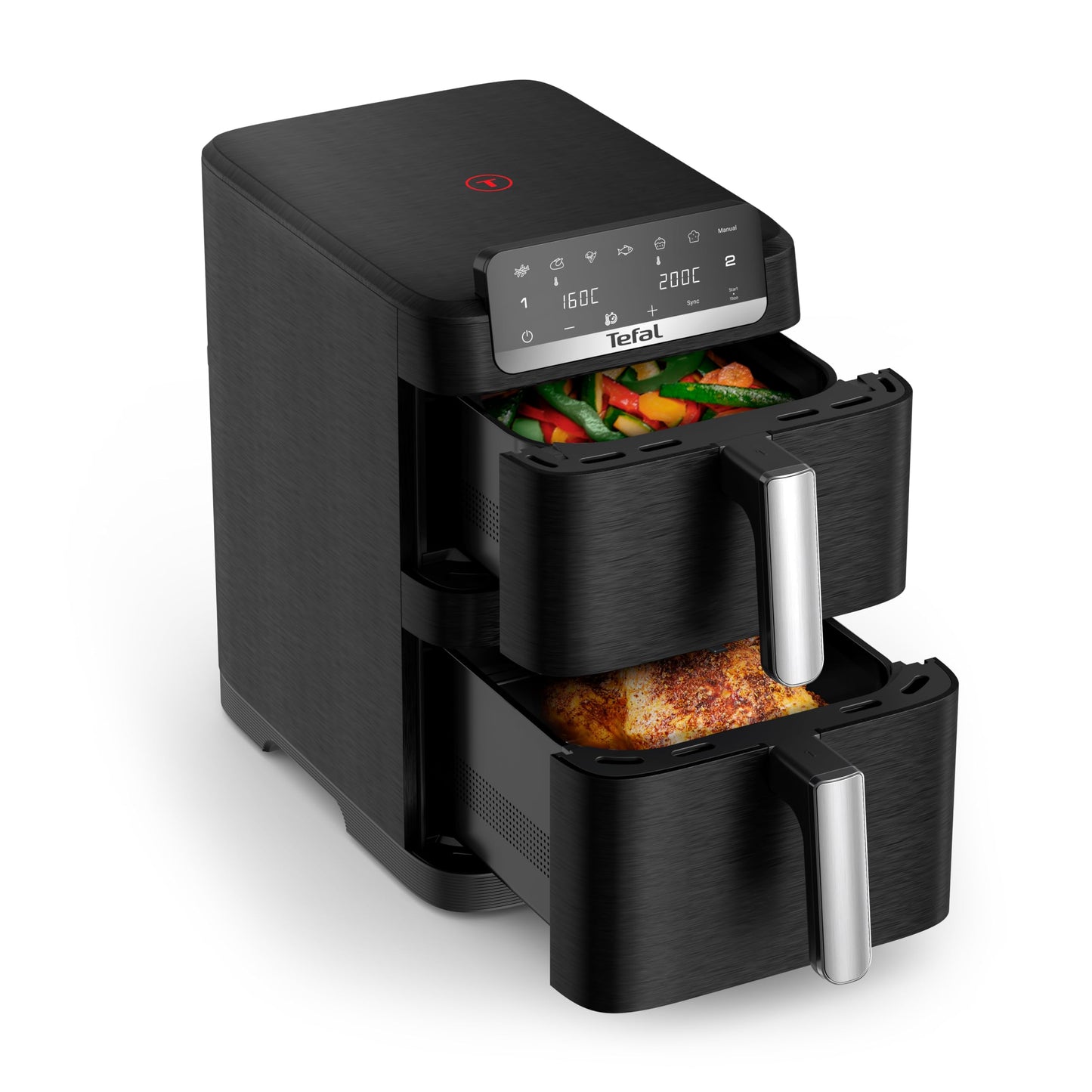 Tefal Easy Fry Crispy Stack double chamber hot air fryer, 4/6 liter drawers with separate temperature setting, EvenFry technology, 6 cooking modes + manual mode, space saving, black, EY7528E0