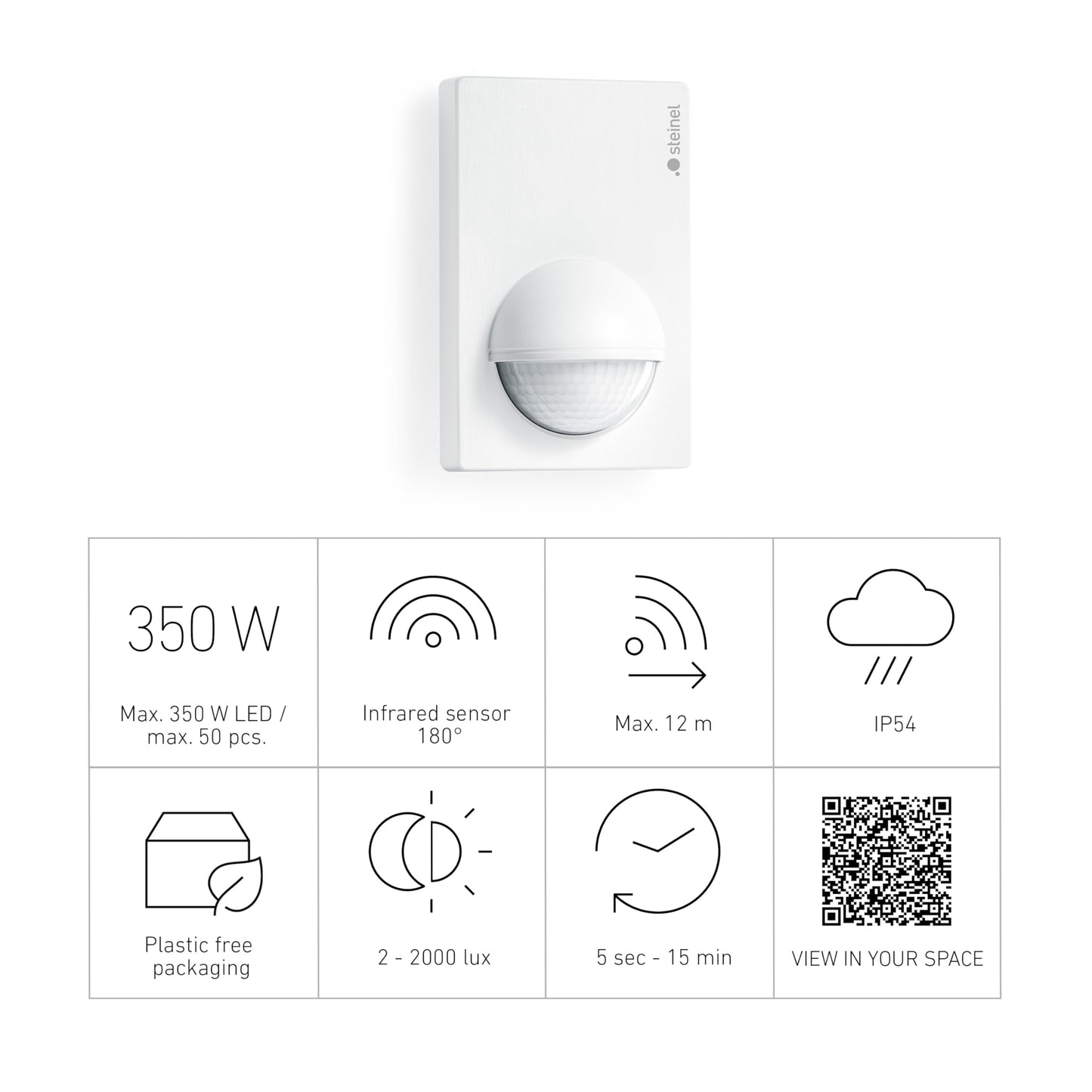Steinel motion detector IS 180-2 white, 180° passive infrared motion sensor, twilight sensor for indoor and outdoor use, (W x H) 76 mm x 120 mm - 603212