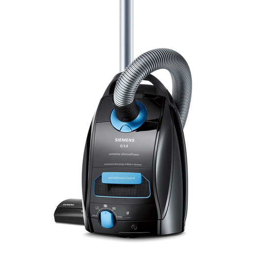 Siemens vacuum cleaner with bag Q5.0 extreme silencePower VSQ5X1230, ideal for allergy sufferers, hygiene filter, strong suction power, floor nozzle for parquet, carpet, tiles, long cable, 850 W, black