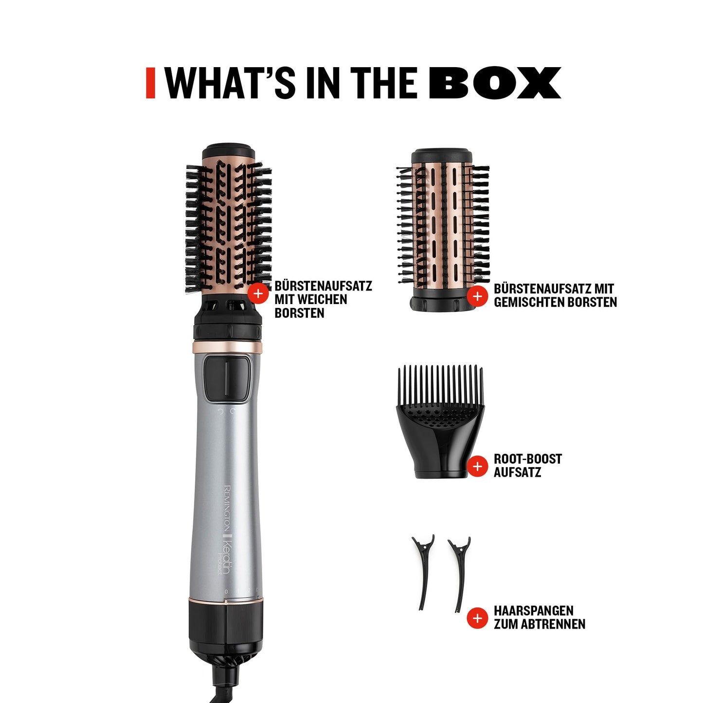 Remington hot air brush rotating [automatic] Keratin Protect (incl. 3 attachments: 2 round brushes + hairline booster for more volume) + hair clips, ceramic coating with almond oil, AS8811, gray