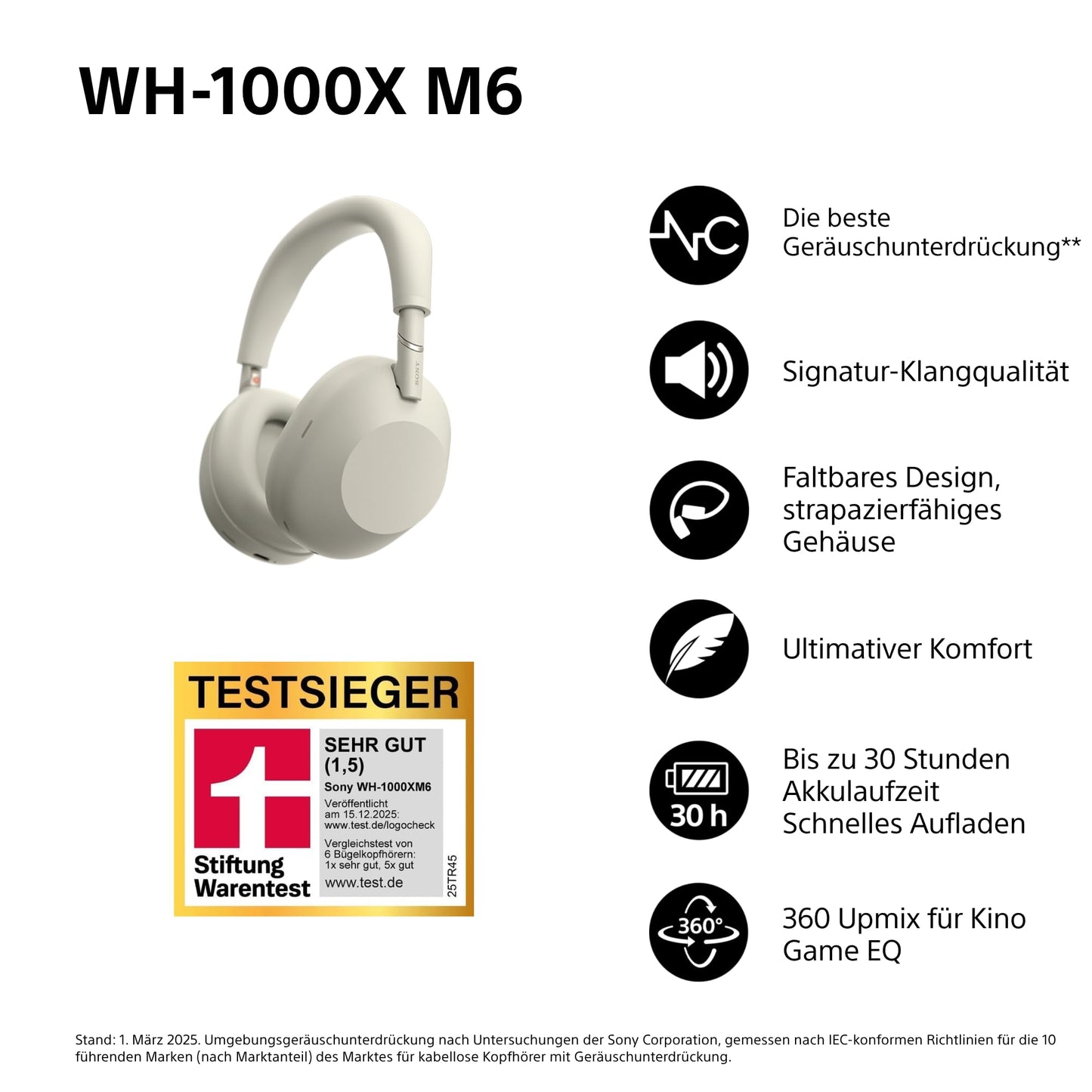 Sony WH-1000XM6 Wireless Noise Canceling Headphones, Signature Hi-Res Sound, Bluetooth Headphones, Comfort, Foldable Design, Magnetic Carrying Case, 30 Hour Battery NC On, iOS & Android - Silver - WH1000XM6S.CE7
