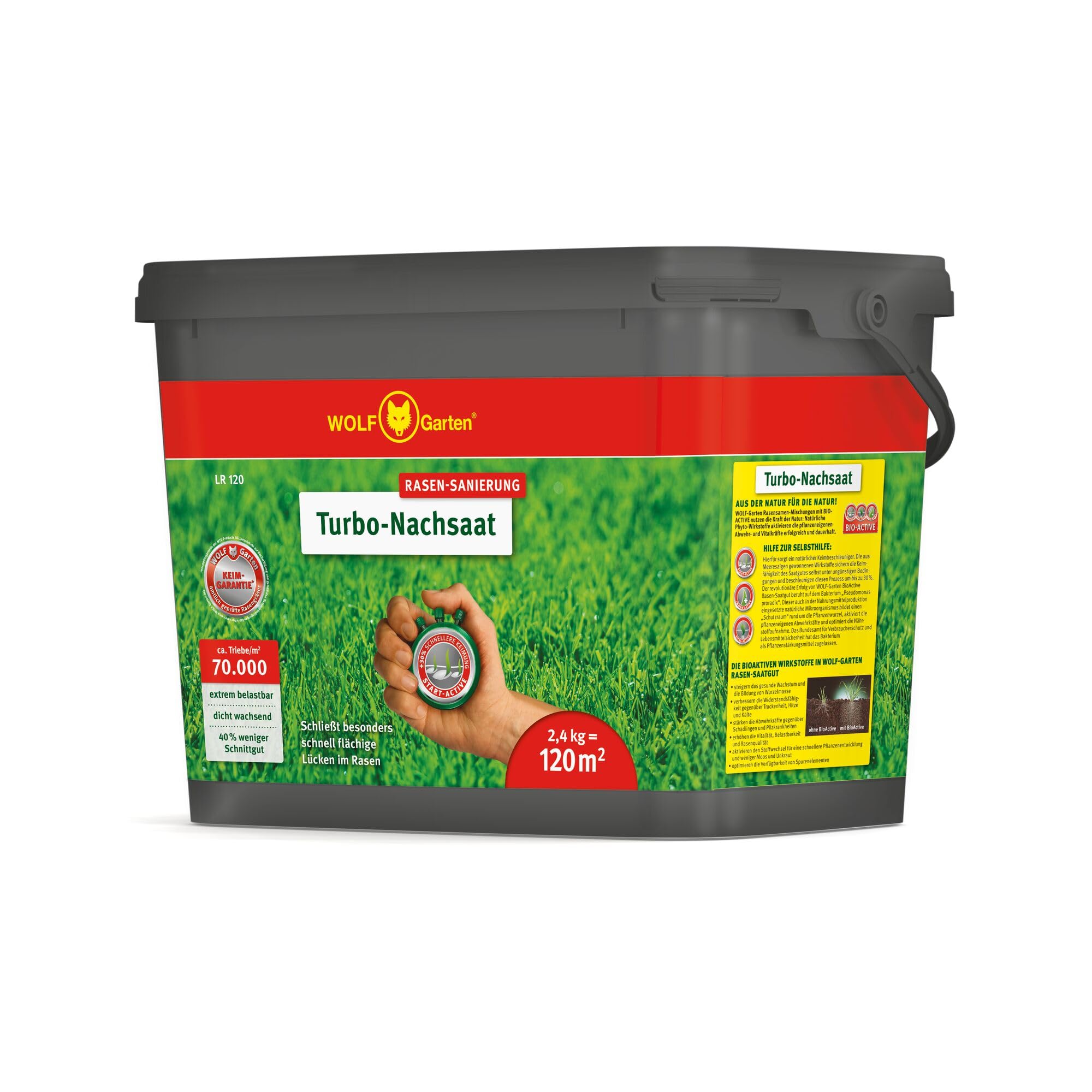 WOLF-Garten Turbo reseeding for lawn renovation LR120 (for 120 m2, high density with approx. 70,000 shoots/m2, suitable for all lawn types, with WOLF-Garten germination guarantee, in a 2.4kg box) 3826042 - 3826121