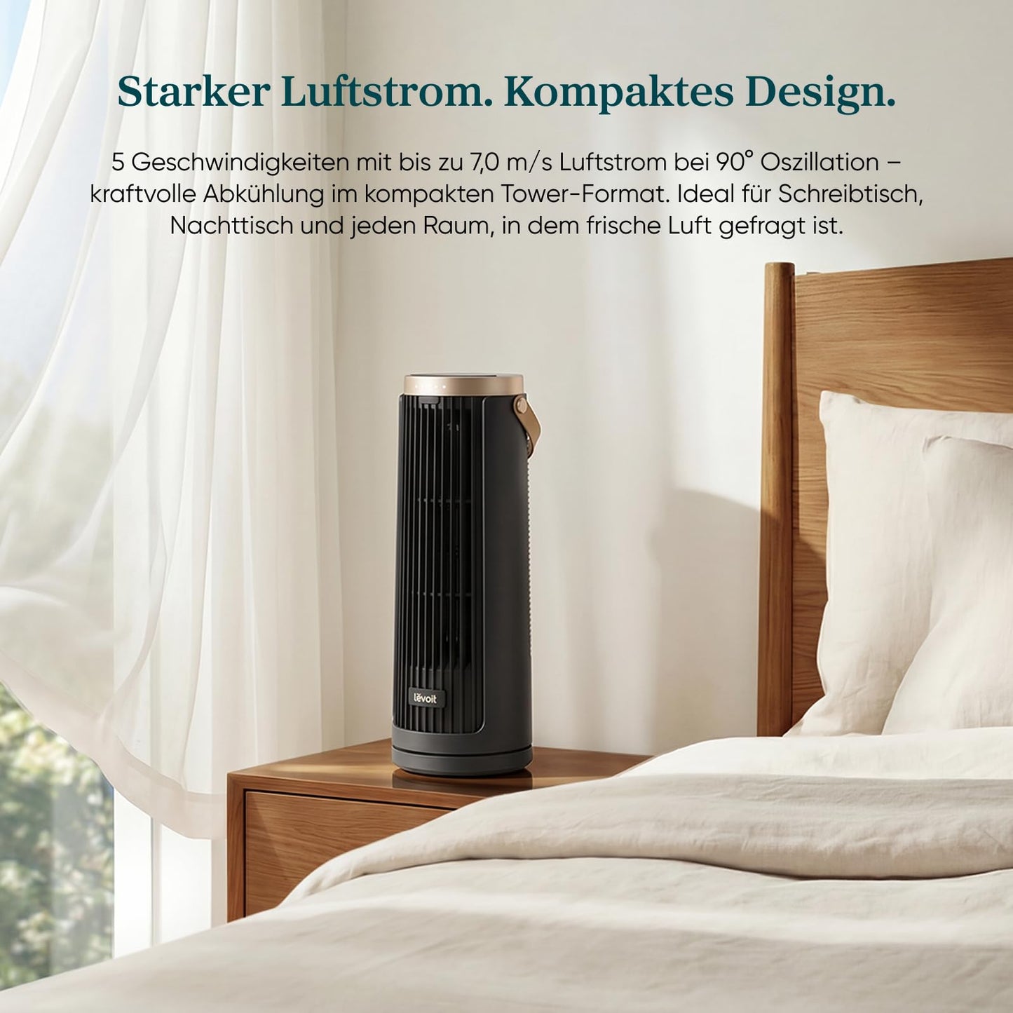 Levoit compact tower fan battery DC motor indoor/outdoor - quiet from 20dB fan - 7m/s cooling table fan - 5 levels/90° oscillation/12 hour timer/remote control - portable, 33 cm, graphite gray - LTF-F132BL-AEU
