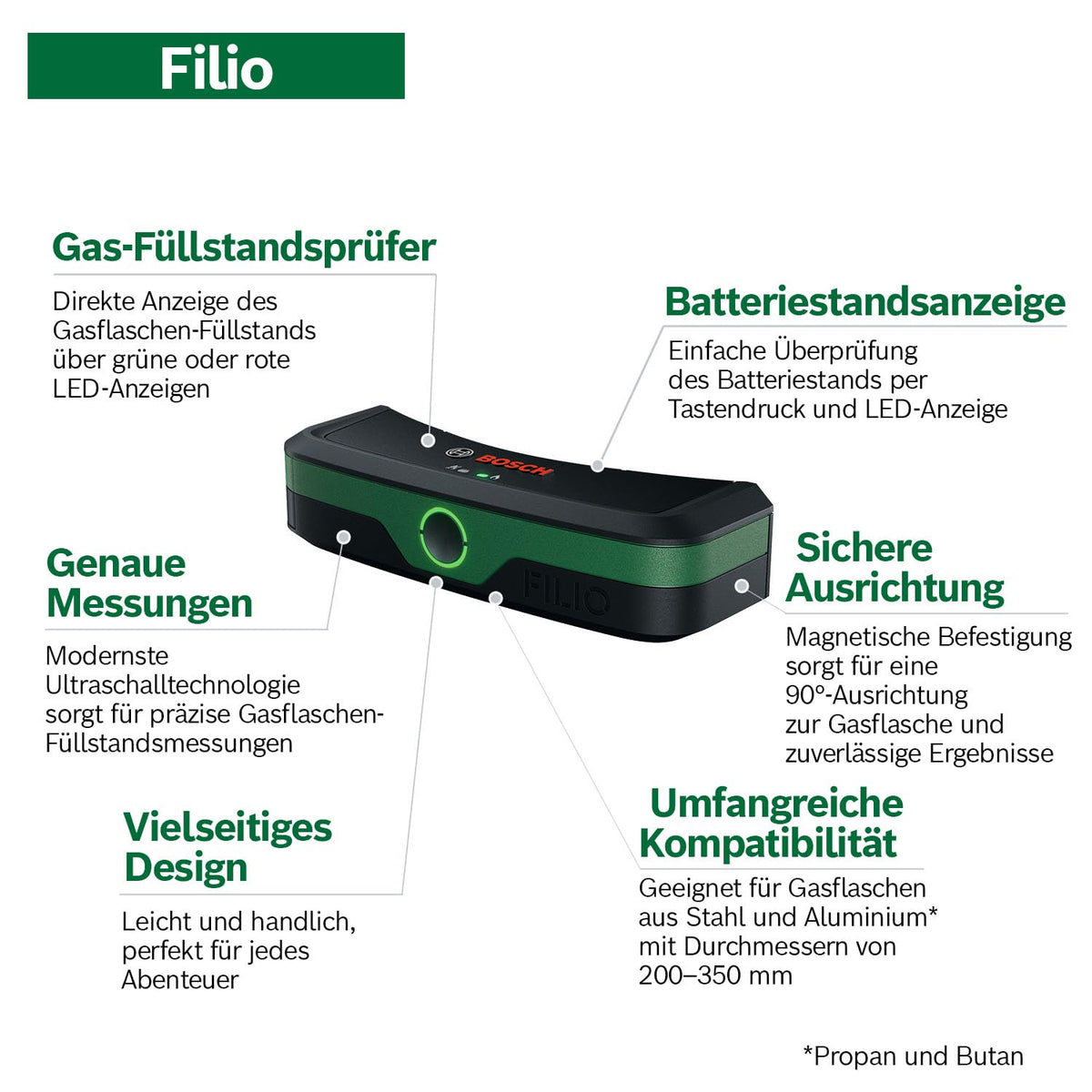 Bosch Filio Gas Level Indicator (Ultrasound technology, compatible with 200–350 mm steel and aluminum gas cylinders, LED display, battery status indicator, magnetic mounting) - 0603684000