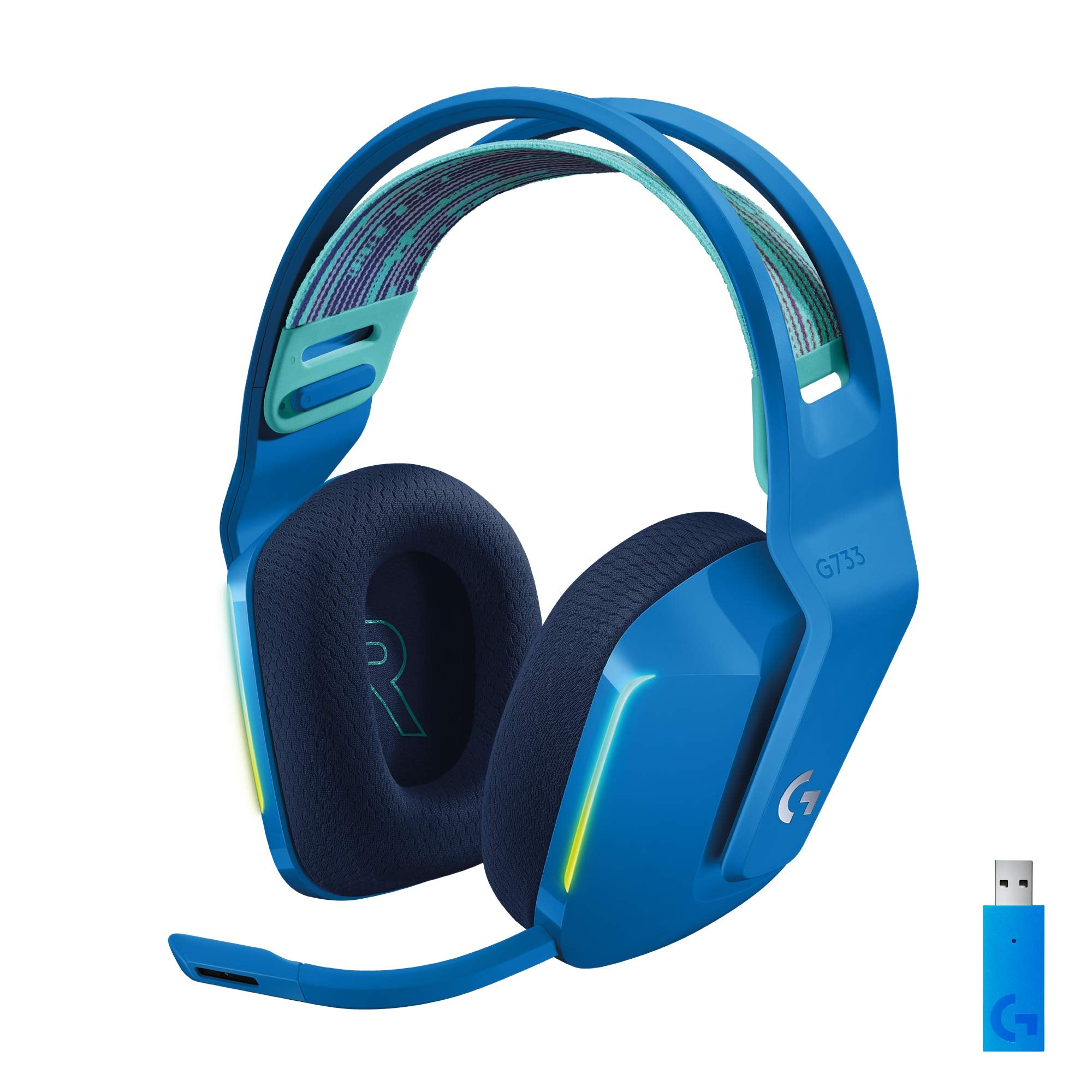 Logitech G733 LIGHTSPEED wireless gaming headset with headband, LIGHTSYNC RGB, Blue VO!CE microphone technology, PRO G speakers, ultralight, 29-hour battery life, 20m range - Blue - 981-000943