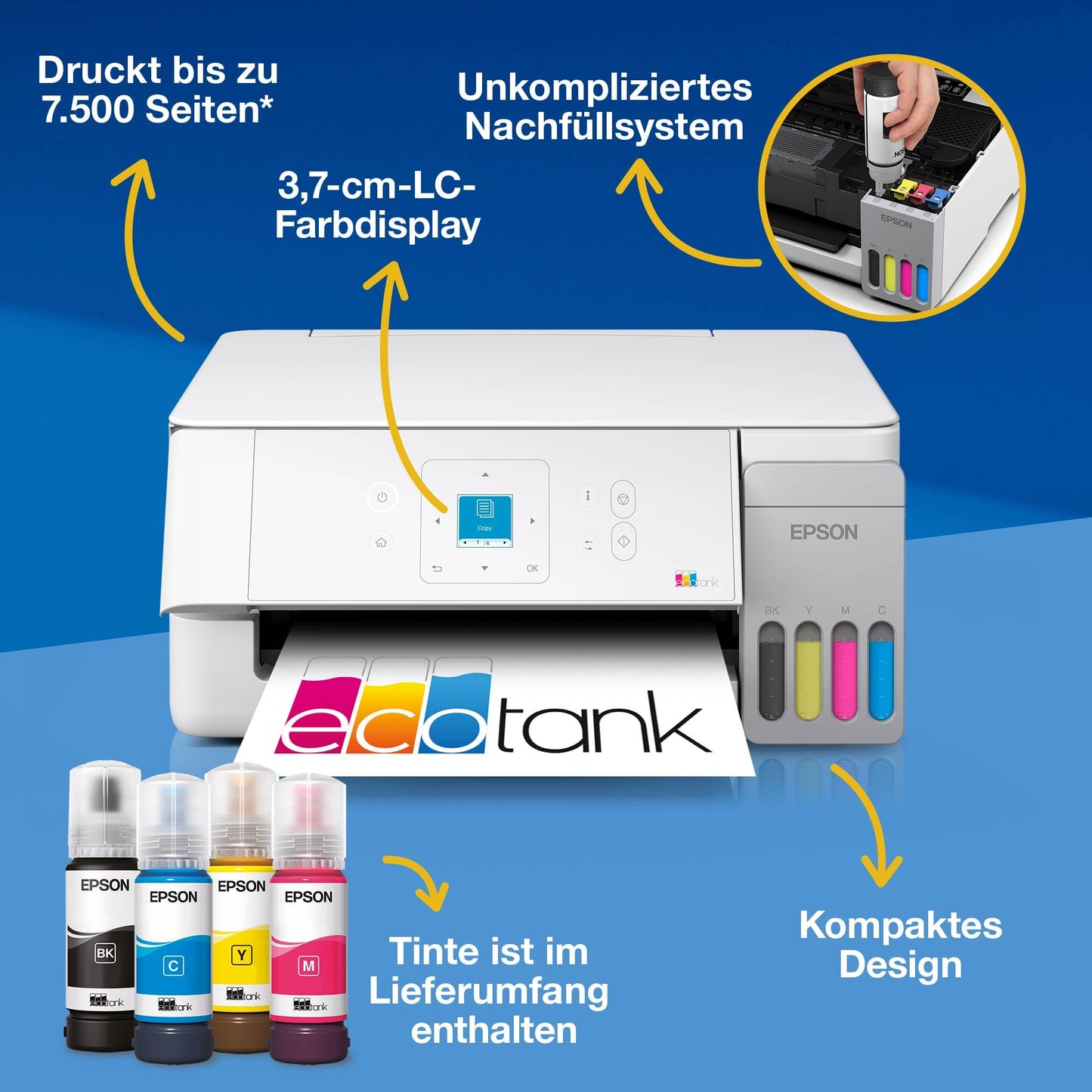Epson EcoTank ET-2926 | For busy households | Wi-Fi | A4 | Print, Copy, Scan | LC display | AirPrint compatible | Compact | Contains up to 3 years of ink