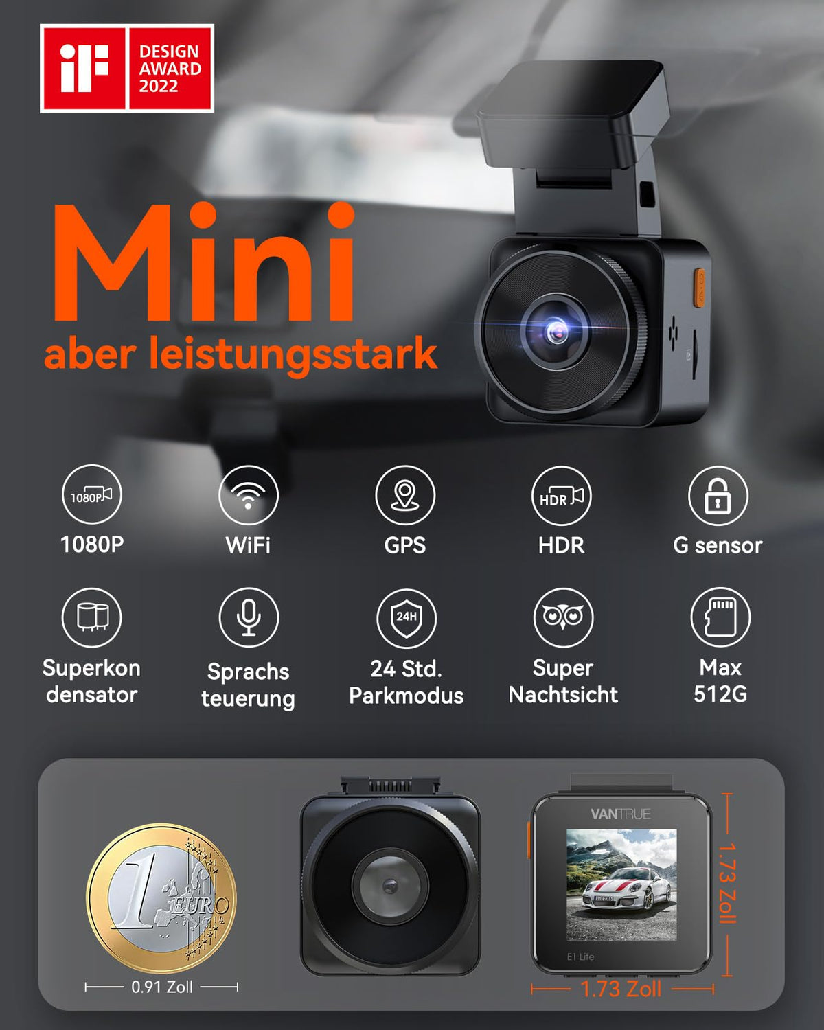 VANTRUE E1 lite 1080P Mini Dashcam Front, HDR 30fps 160 ° Wide Angle