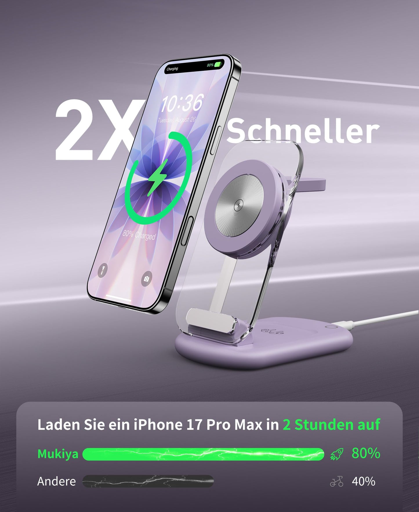 Mag Safe charger, charging station Apple Watch and iPhone, 3 in 1 charging station compatible with iPhone 17e 17 16 15 14 13 12 Pro Max/Air/Plus/Pro, for Apple Watch 10/9, Airpods 3/2/Pro, purple - T618-F