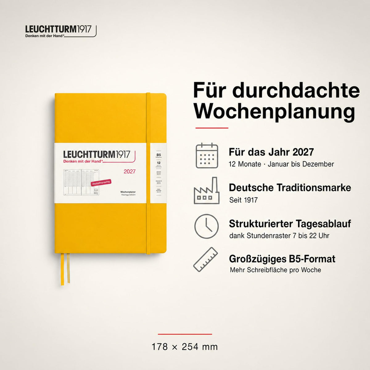 LEUCHTTURM1917 weekly planner 2027 Composition (B5) - German, Sunflower, 254 x 178 mm, January-December (12 months), weekly overview with hourly grid 7:00-22:00 per column, hardcover, 80 g/m² paper - 400143