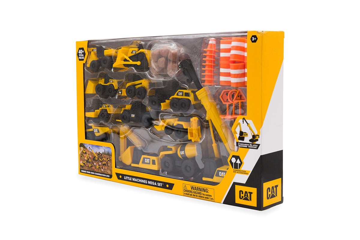 CAT® Construction Little Machines Mega-Set I With 40 pieces I Includes vehicles, a crane, traffic signs, cones, blocks, and cylinders I For children aged 3 and up, Yellow, 1:64 - 83337