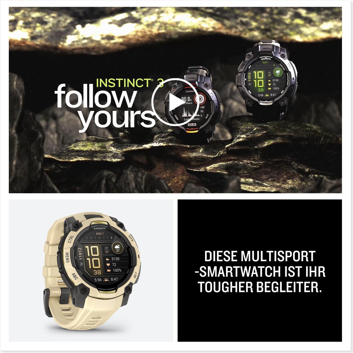 Garmin Instinct 3 45mm AMOLED – multisport smartwatch, 1.2" display, up to 18 days battery life, 80+ sports apps, navigation function, smart features, LED flashlight, waterproof - 010-02936-02