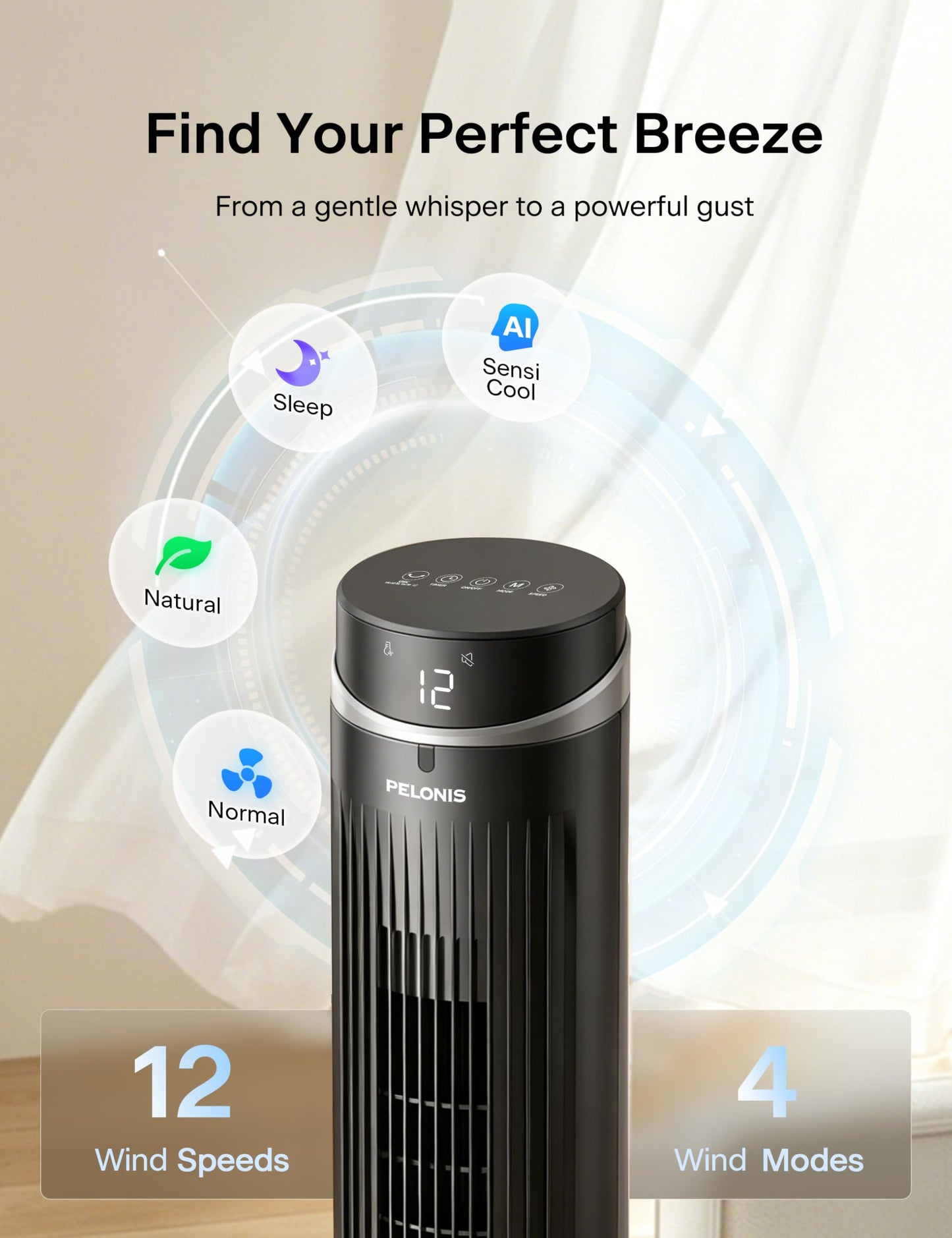 Pelonis pedestal fan with DC motor, 12 speeds, 90° oscillation, AI temperature mode, 24h timer, touch control & remote control - quiet & energy saving for home & office - PFT125ARCPKDE