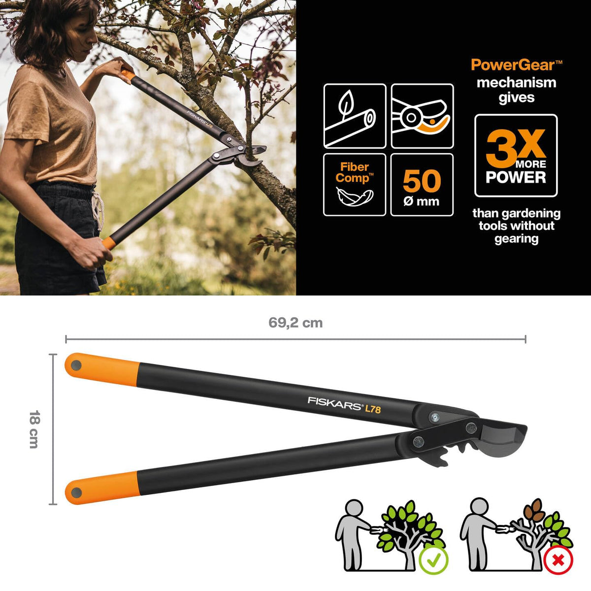 Fiskars PowerGear II Bypass Pruning Shears for Fresh Wood, Non-Stick Coated, Hardened Precision Steel, Length: 70 cm, Black/Orange, L78, 1000584 - 112590