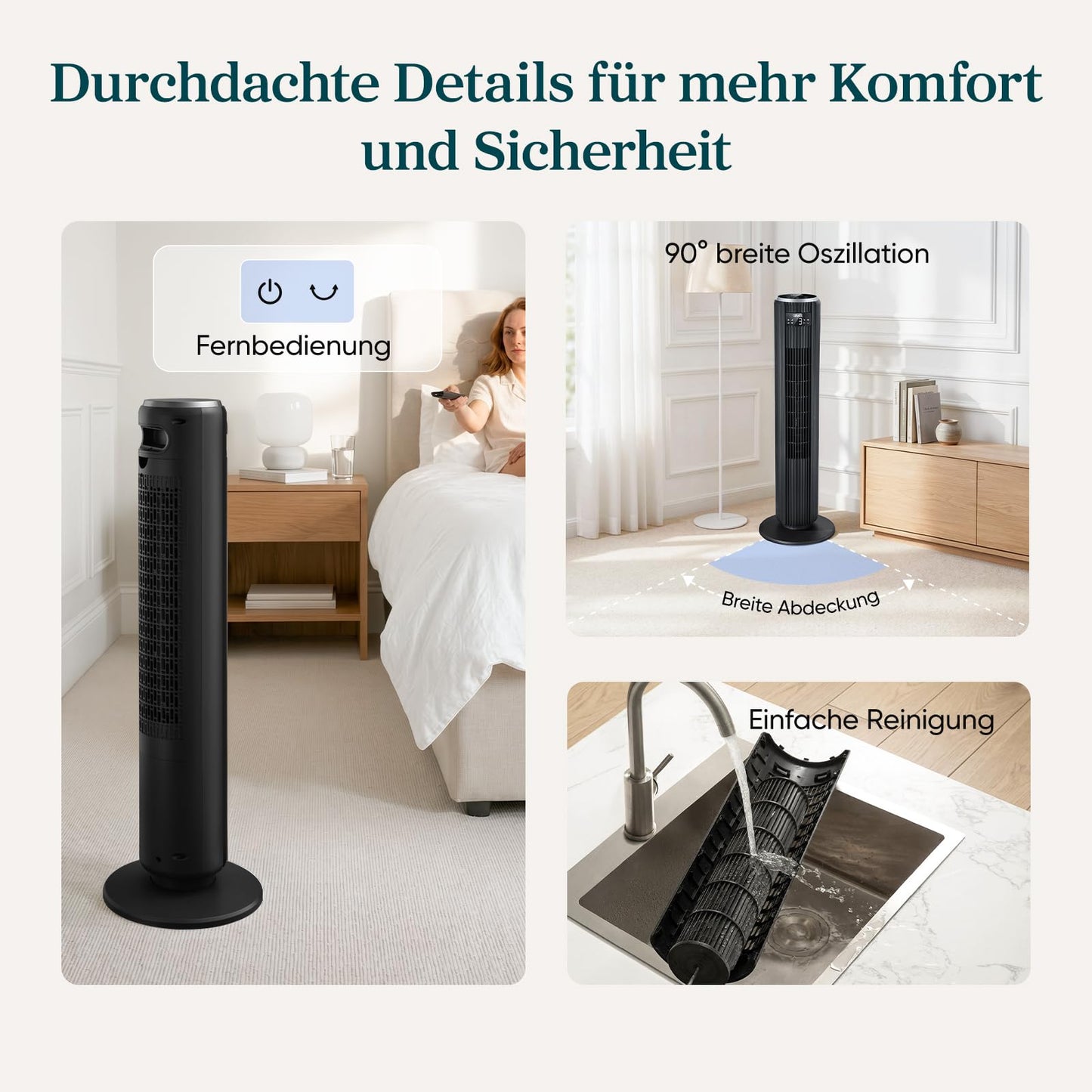Levoit - DC motor tower fan - 20dB very quiet fan - 4 modes/12 levels/12 hour timer - remote control & cooling - tower fan with 7.9m/s speed - 24W pedestal fan - black, 92 cm - LTF-F362-KEU