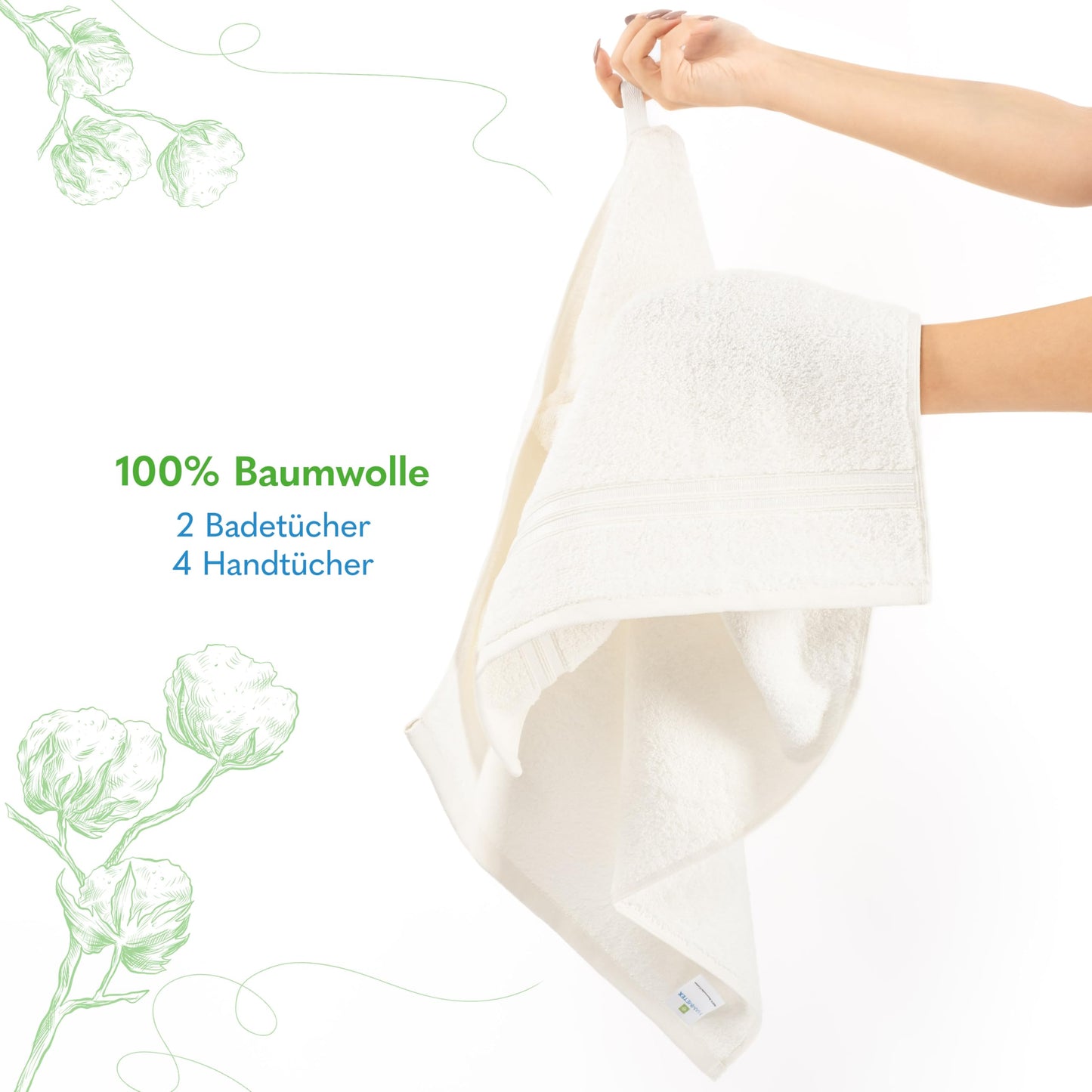 Hammetex set of 6 towels - 2 bath towels 70x140 cm & 4 hand towels 50x100 cm - 100% cotton terry - Oeko-TEX certified - soft, absorbent - with hangers, cream - RN67