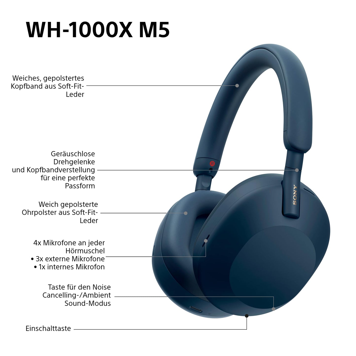 Sony WH-1000XM5 wireless over-ear headphones, active noise canceling at premium level with spatial 3D audio, transparency mode, up to 30 hours of battery life, Bluetooth, Midnight Blue - WH1000XM5/LM