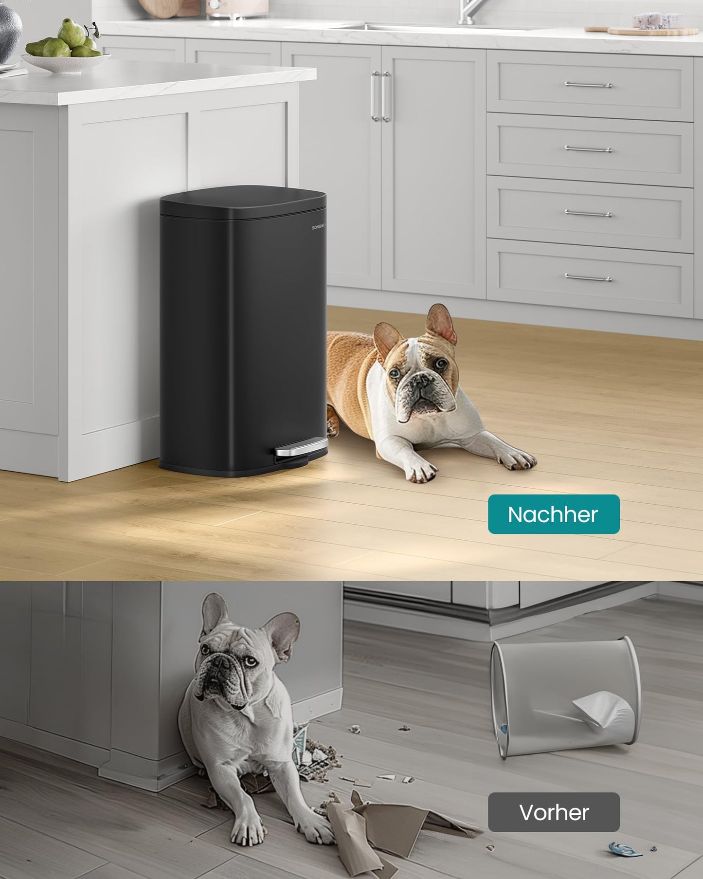 SONGMICS kitchen rubbish bin, 50 liters, waste bin, pedal bin, with lid, soft close, foot pedal, steel, inner bin, black LTB050B02