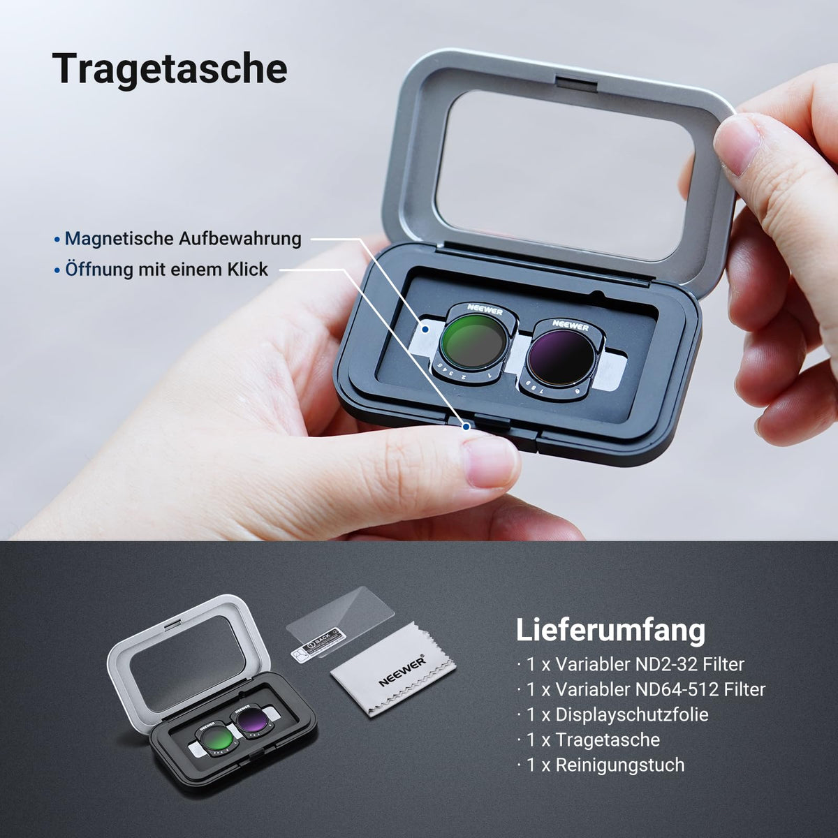 NEEWER Variable ND filter set, compatible with DJI Osmo Pocket 3 / Pocket 4 / Xtra Muse, magnetic, multi-coated ND2-32 and ND64-512 neutral density filter accessory set for action cameras - FL-C61