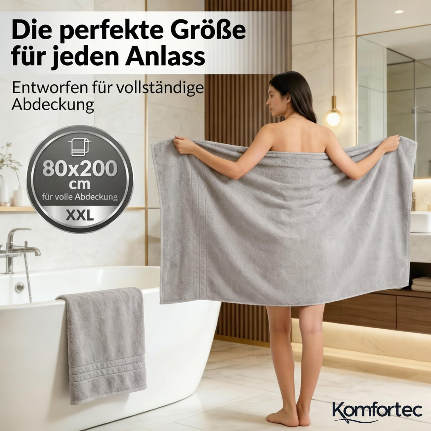 Komfortec 2 sauna towel set 80x200 cm, large sauna towels made of 100% cotton, sauna towels, fluffy and absorbent, quick-drying, silver gray - 2er-80x200-silber