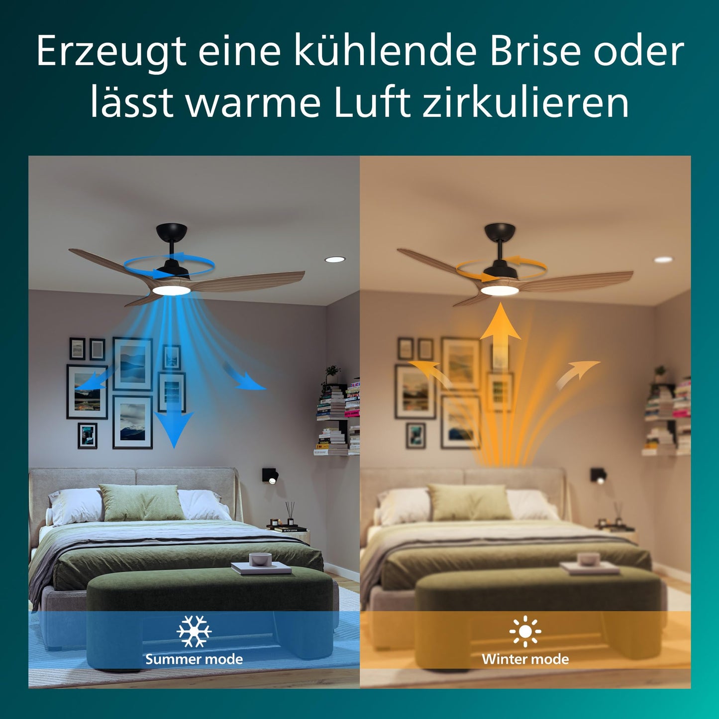 PHILIPS Olas ceiling fan, 3 blades, 132 cm diameter, DC motor, color temperature range (3000K-4300K-6500K), dimmable, including remote control, black/wood - 929004641301