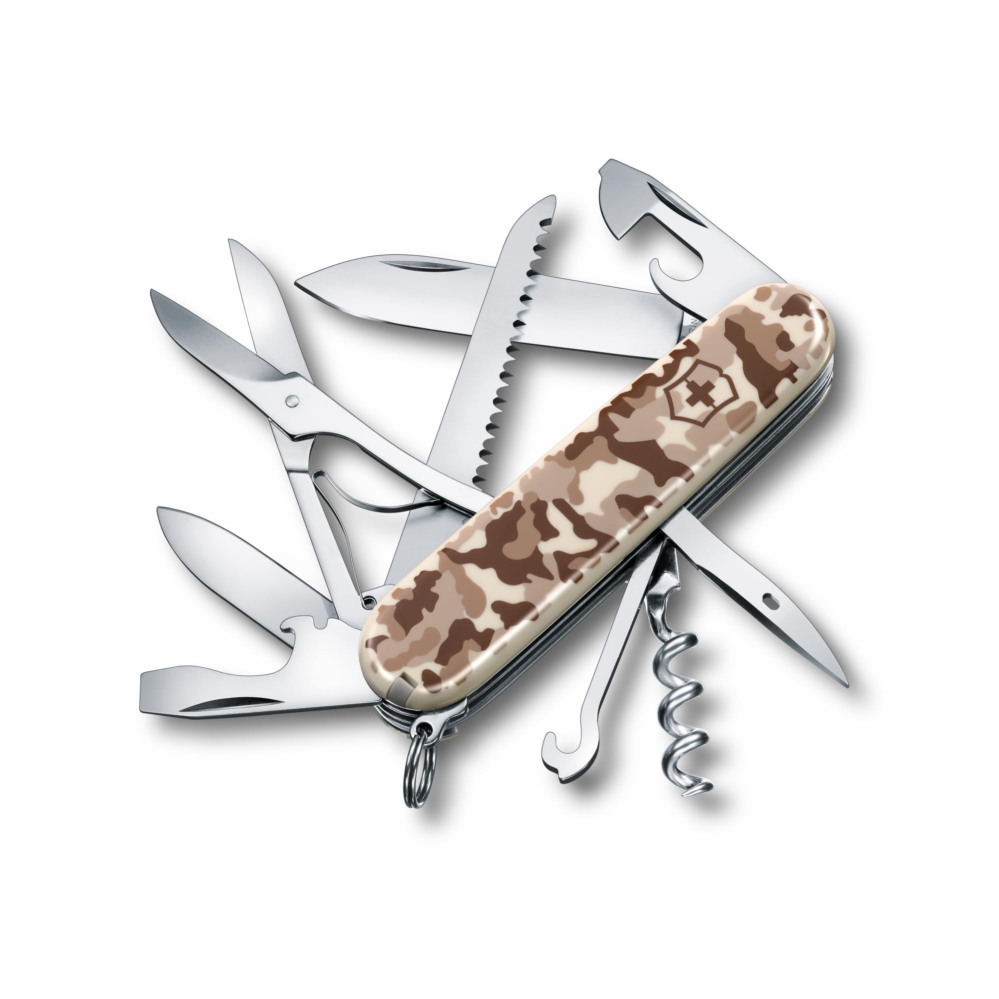 Victorinox Swiss Army Knife Huntsman, Multitool, Swiss Army Knife with 15 functions, blade, corkscrew, can opener, folding box, desert camouflage - 1.3713.941