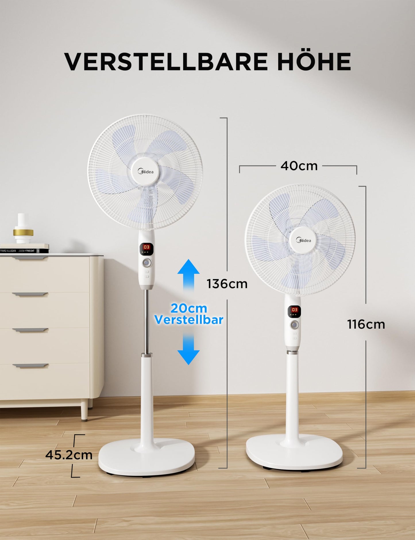 Midea FS40-16CR DC motor pedestal fan quiet Extreme, with remote control, 12 speeds, 12H timer, 4 modes, LED display, energy saving, 22 dB, height adjustable, air circulation, white