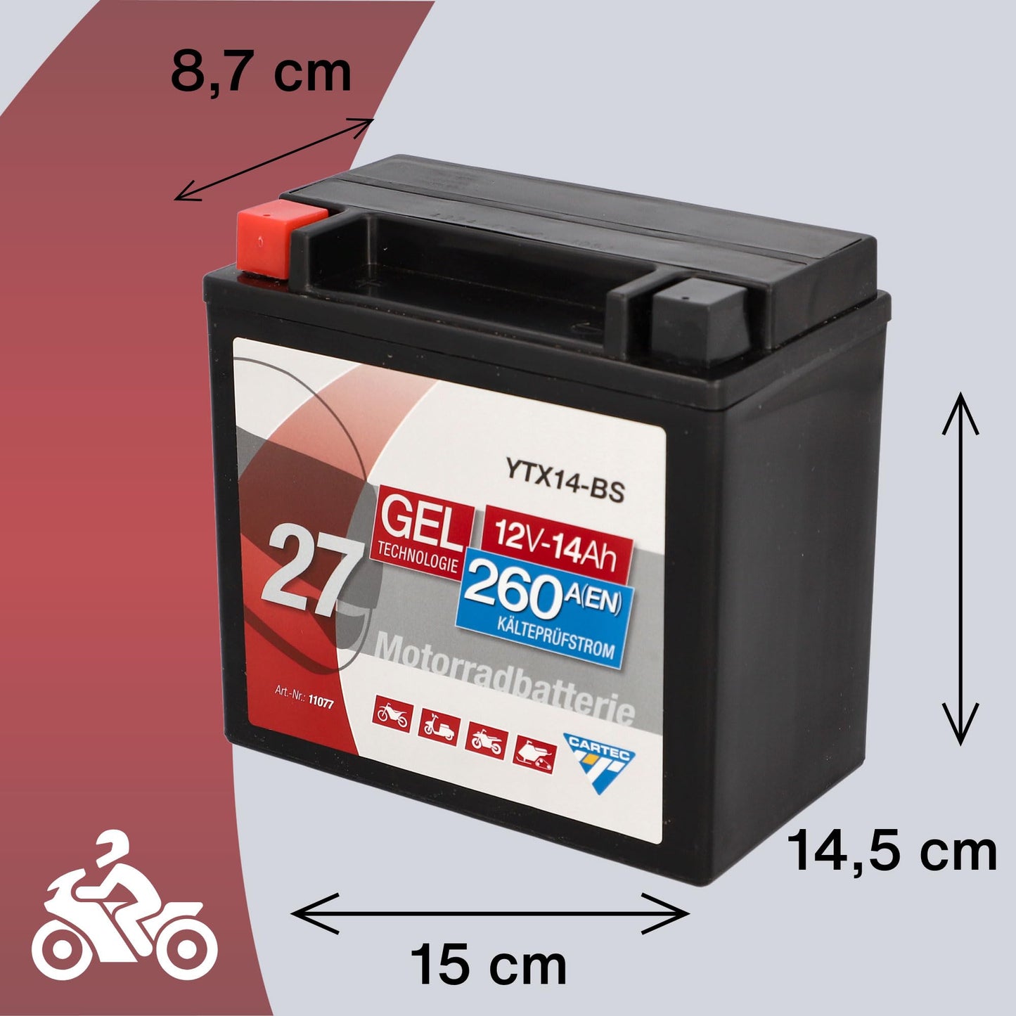 CARTEC motorcycle battery YTX14-BS, 14Ah, 260A, gel technology motorcycle starter battery, original equipment manufacturer quality, cycle-proof, storable, maintenance-free, black - 11077