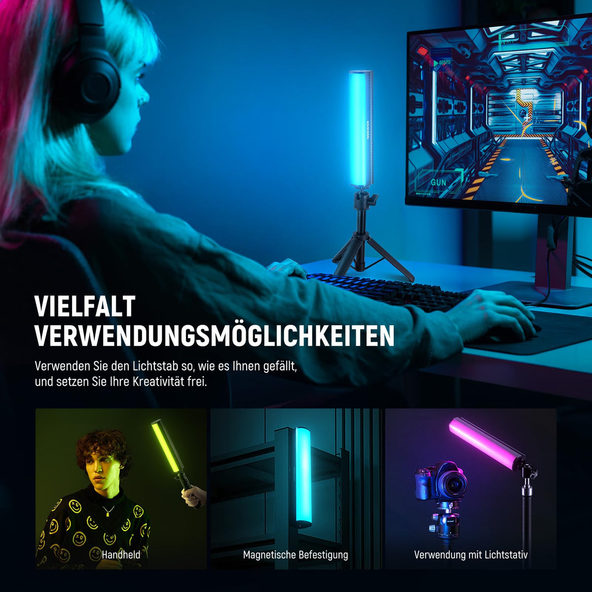 NEEWER RGB Light Stick with Table Tripod, Magnetic Handheld Photography Video Lighting Stick, 2500K-8500K Dimmable CRI95+ Full Color LED Tube Light, 2550mAh Battery, 17 Scenes for Vlog TikTok, TL20C