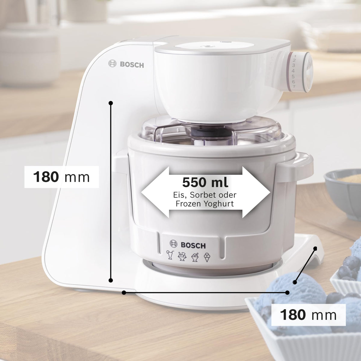 Bosch Ice Cream Maker MUZ5EB2, accessory compatible with Kitchen Machine Series 4, 550ml, homemade ice cream, sorbet, frozen yogurt, ice cream machine