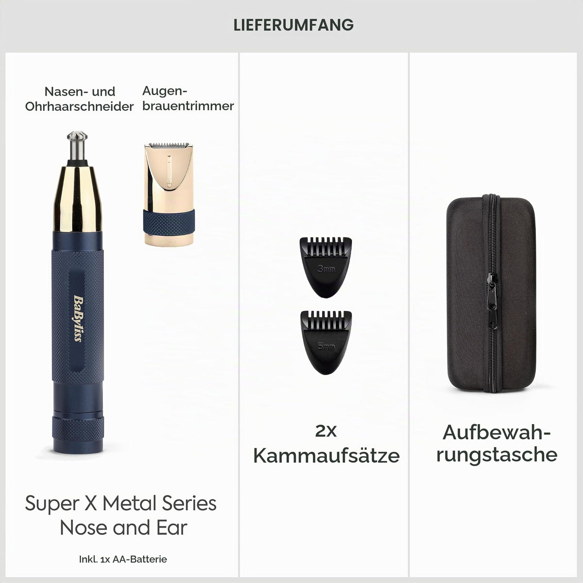 BaByliss Super-X Metal Series Trimmer pentru nas, urechi și sprâncene pentru bărbați, kit de îngrijire, cadouri pentru bărbați (Aur/Albastru) - E112U