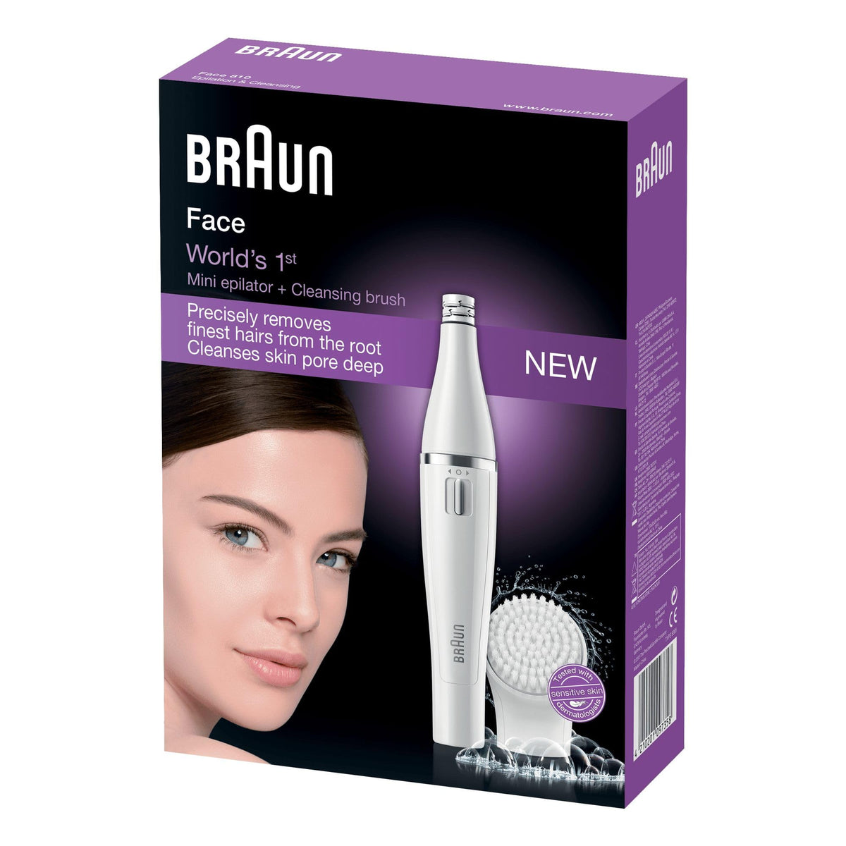 Braun FaceSpa Facial Epilator for Women, Facial Hair Remover, Facial Cleansing Brush, Hair Removal and Cleansing, Waterproof — 810, White/Silver
