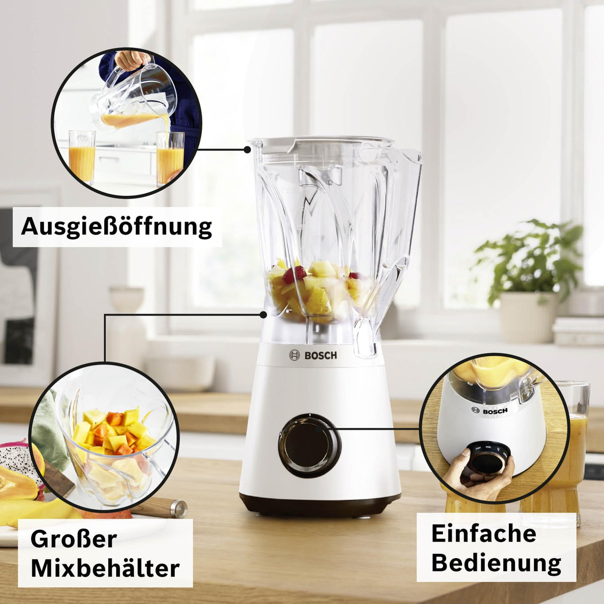 Bosch Stand Mixer Smoothie Maker, 1200 W, 1.5l plastic mixing container, white, dishwasher-safe parts, 30,000 RPM, Made in Europe, VitaPower Series 4 MMB6141W