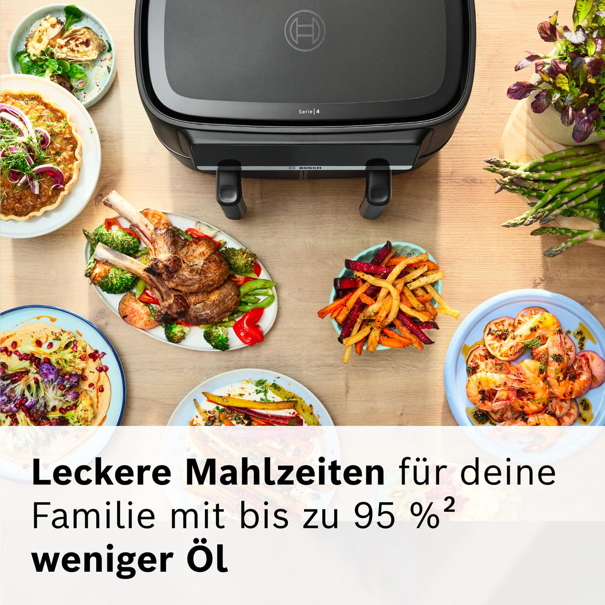 Frigider cu aer Bosch Heißluftfritteuse Serie 4, cu două camere, 9L (2 * 4,5L) Airfryer Dual, 6 programe, până la 230 grade, potrivit pentru mașina de spălat vase, fără PFAS, negru, MAFD440B0