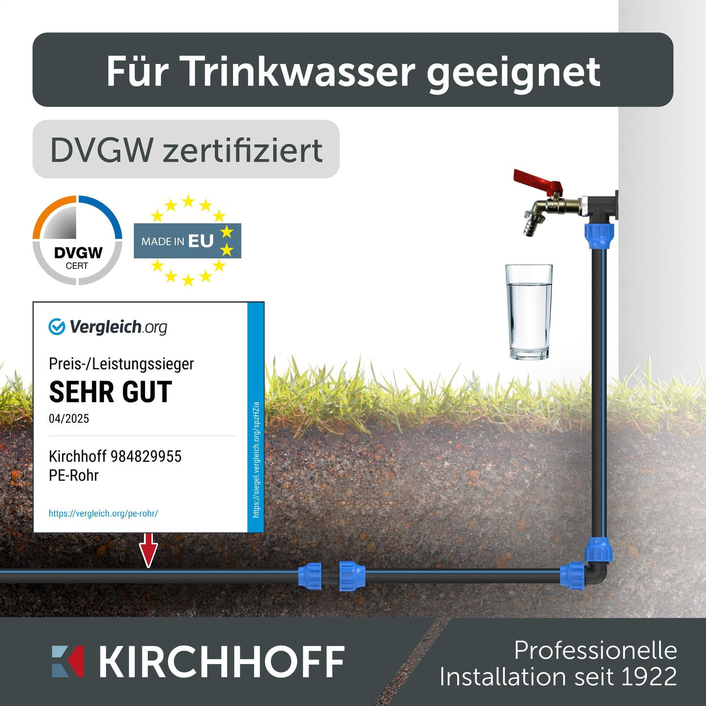 Kirchhoff water pipe for garden irrigation 25 mm x 25 m | PE pipe for sprinkler system | Installation pipe HDPE | DVGW | Drinking water pipe | Made in EU - 984830355