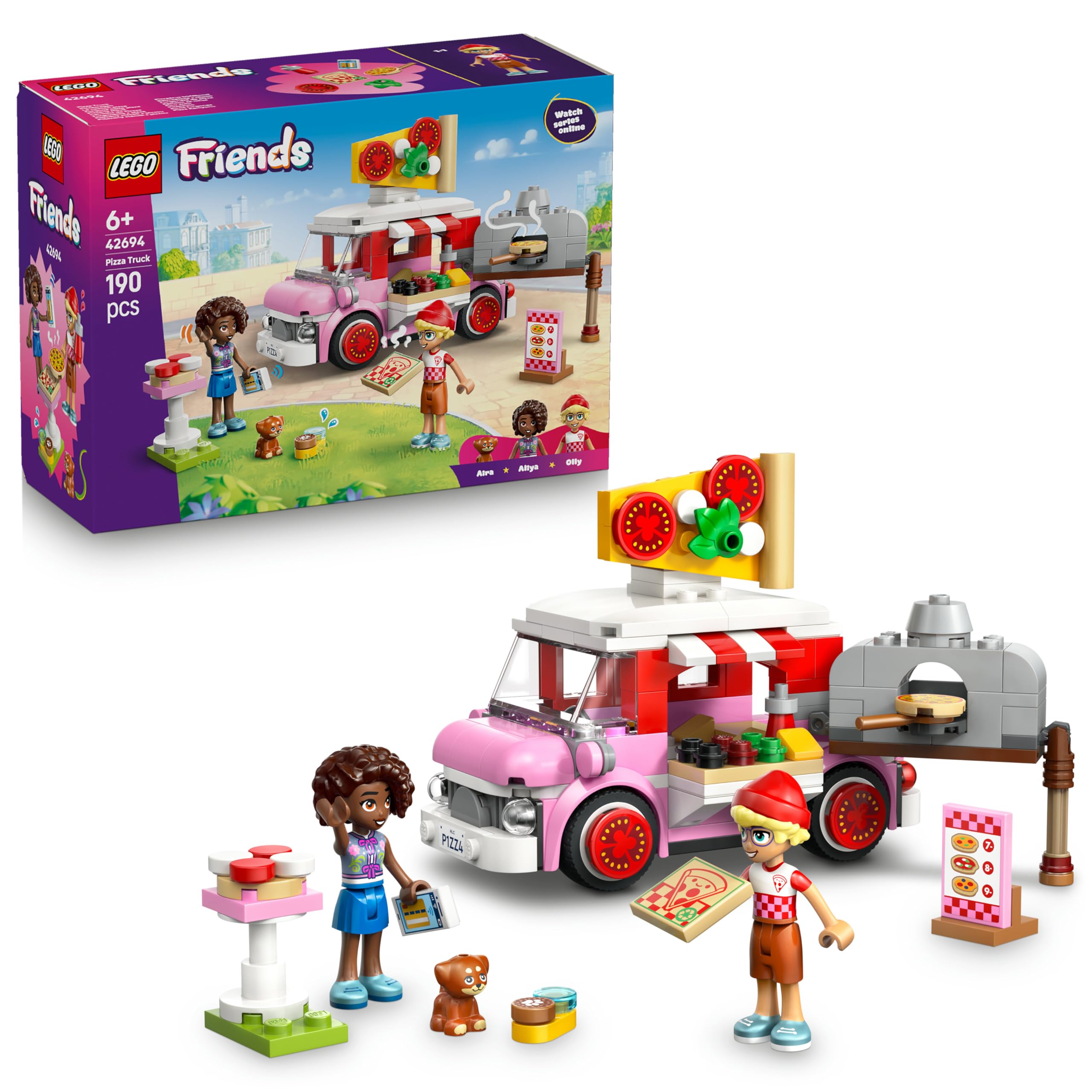 LEGO Friends pizza truck - playset with 2 minifigures, dog figure & toy food accessories - children's room decoration - gift idea for girls aged 6 and over - 42694