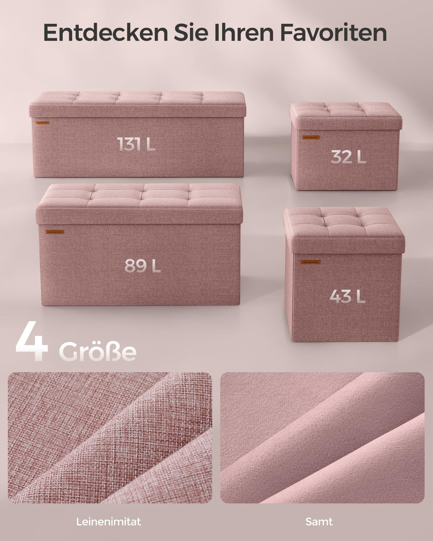 SONGMICS Stool with storage space, folding bench, 38 x 76 x 38 cm footstool, storage box, loads up to 300 kg, for living room, bedroom, hallway, pastel pink LSF047R11 - 6955880314393