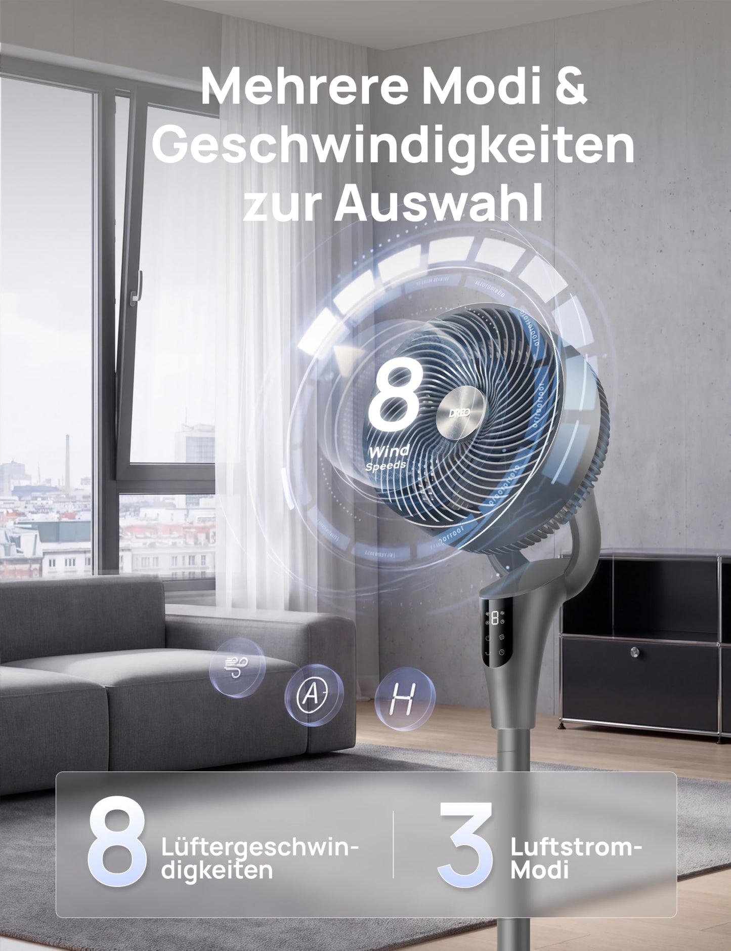 DREO Quiet Stand Fan for Bedroom [Improved], 27m Airflow, Quiet, 90° Oscillating, DC Motor, 8 Speeds, 3 Modes, 96-106cm Height Adjustable, 8H Timer, 105° Manual Tilt - DR-HPF013