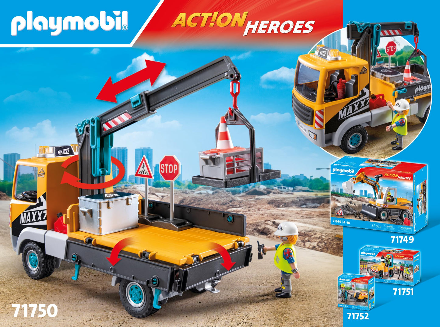 PLAYMOBIL | City Action | Construction site truck with crane | Construction site toy child | Construction site playset | Toys for children aged 4 and over | 71750