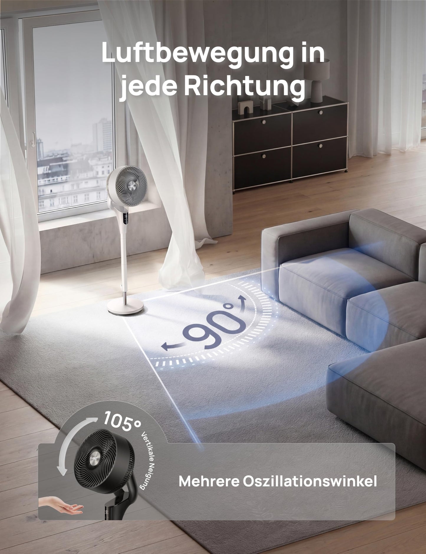 DREO Quiet Stand Fan for Bedroom [Improved], 27m Airflow, Quiet, 90° Oscillating, DC Motor, 8 Speeds, 3 Modes, 96-106cm Height Adjustable, 8H Timer, 105° Manual Tilt - DR-HPF013