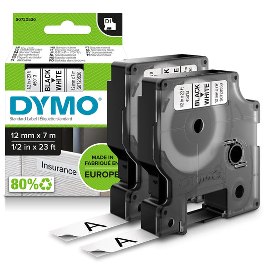 DYMO Original D1 Label Tape | black on white | 12mm x 7m | self-adhesive labeling tape for LabelManager labeling device | 2 label cassettes - 2150472