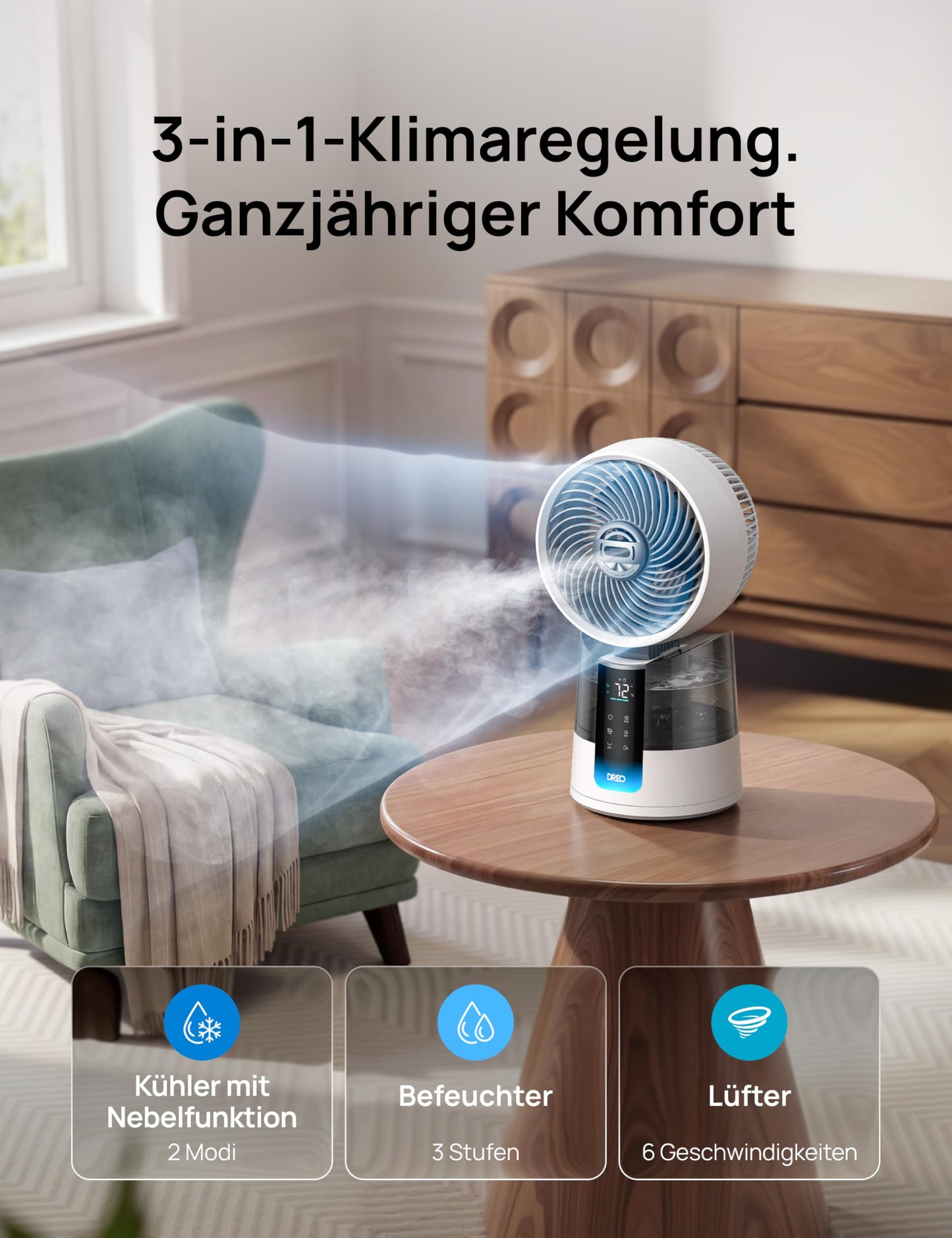 DREO TurboCool Mist Fan 516S, table fan with 150°+30° oscillation, evaporative cooler, 7.9 m/s, ultra-fine mist, 20 dB quiet, 6 speeds, 2 modes, app & remote control, RGB, white - DR-HEC006S