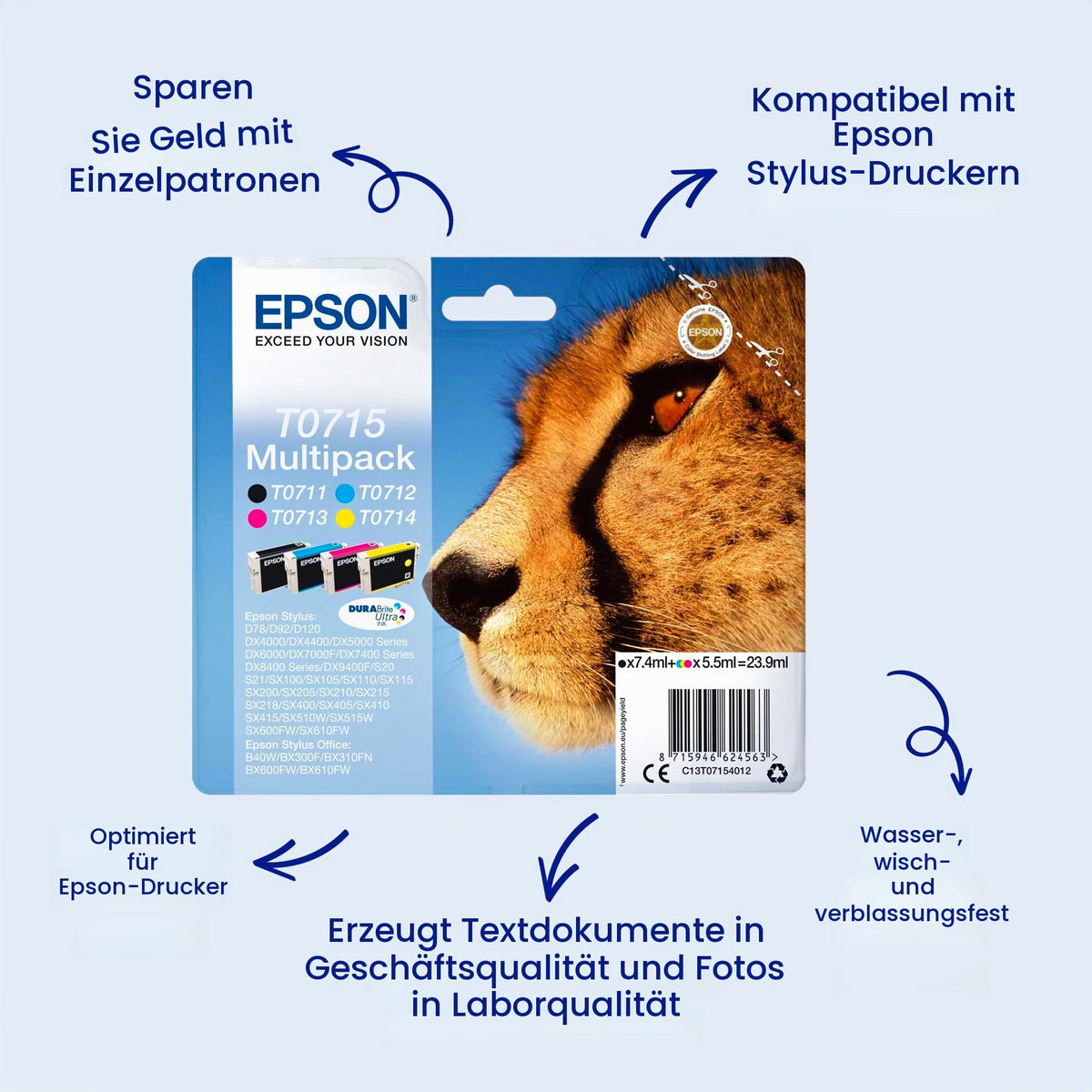 Epson Original T0715 Ink Cheetah, smudge and water resistant (Multipack, 4-color) (CYMK) - C13T07154012