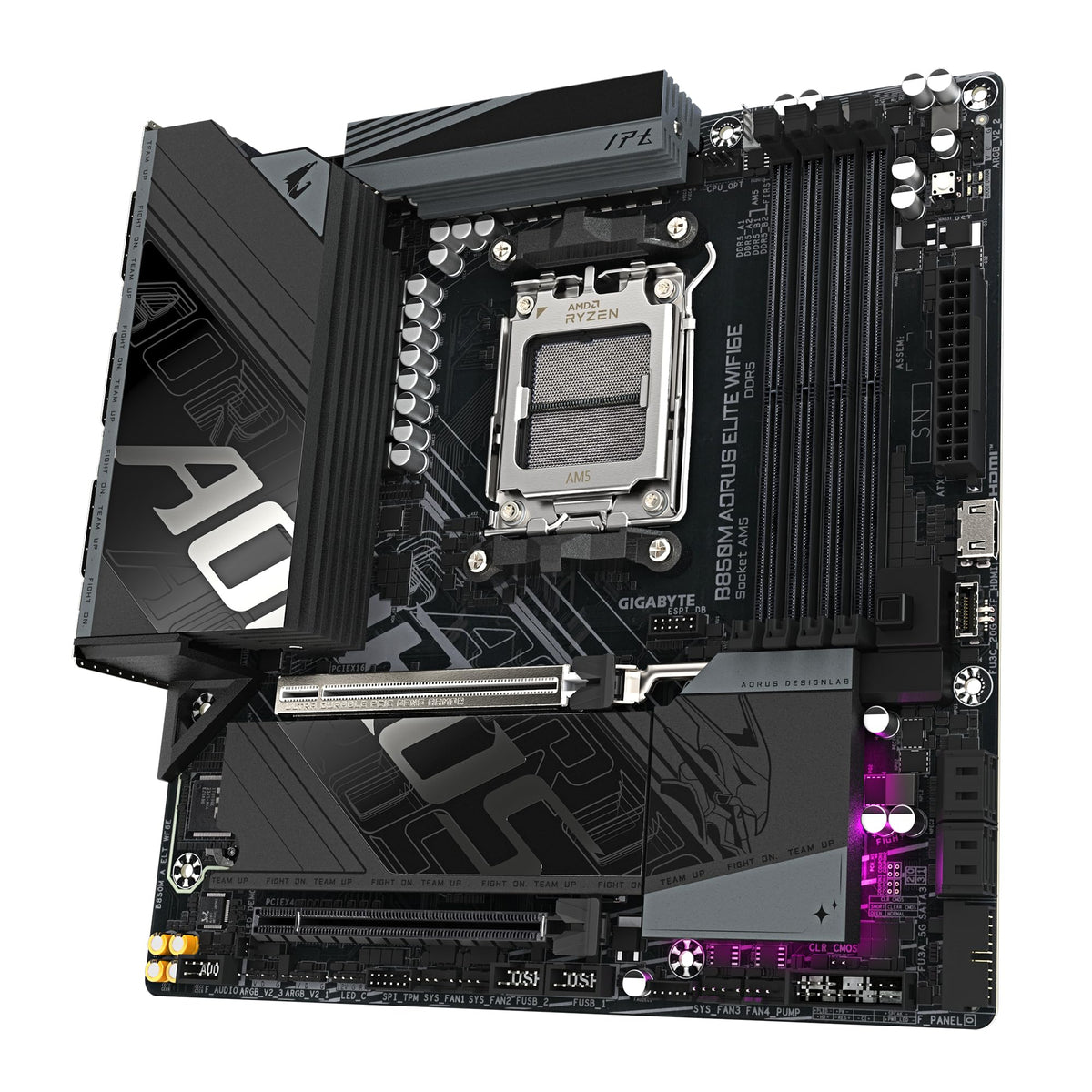 GIGABYTE B850M AORUS Elite WIFI6E Motherboard – Compatible with AMD Ryzen 9000 Series processors, featuring a digital 12+2+2 phase VRM, supports up to 8200 MHz DDR5 (O.C.), 1x PCIe 5.0 + 1x PCIe 4.0 M.2, Wi-Fi 6E, and 2.5 GbE LAN.