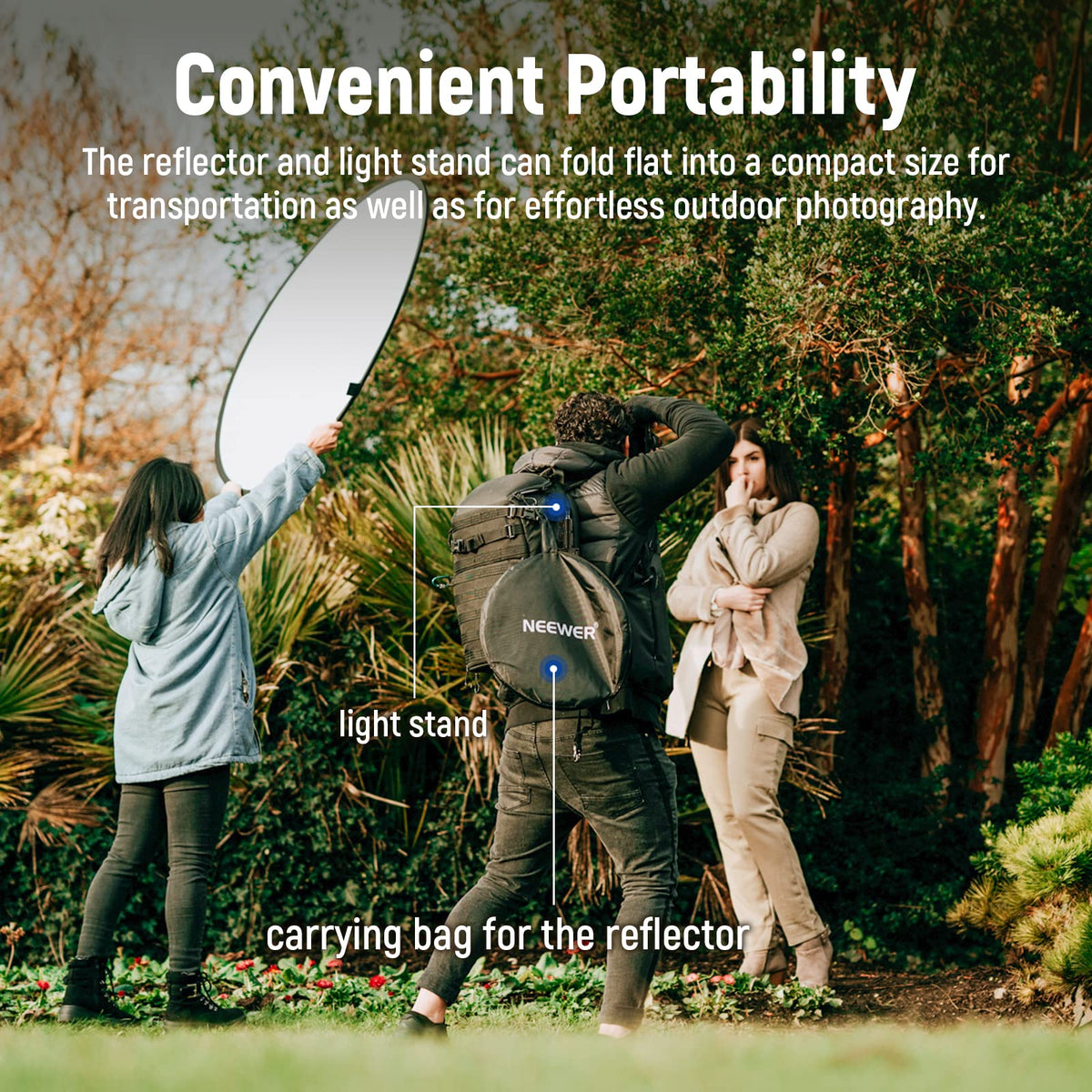 NEEWER 110cm light reflector set, 5 in 1 foldable round reflector (translucent/silver/gold/white/black) with clamp, mounting adapter and 53-110cm stand, for low angle children's photography - 10101016