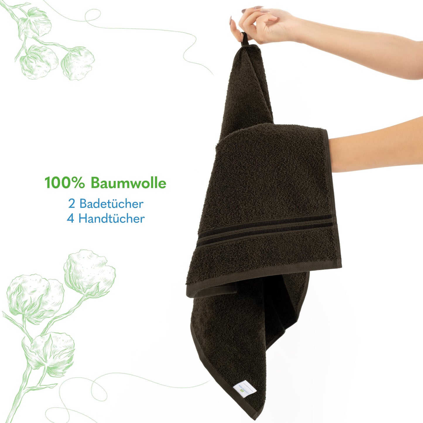Hammetex set of 6 towels - 2 bath towels 70x140 cm & 4 hand towels 50x100 cm - 100% cotton terry - Oeko-TEX certified - soft, absorbent - with hangers, brown - RN68