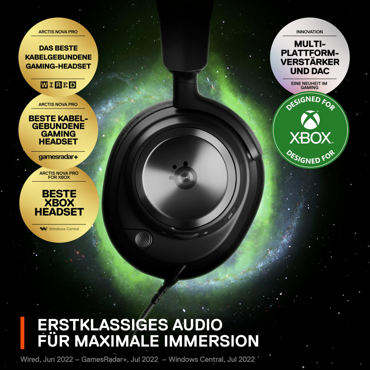 SteelSeries Arctis Nova Pro Xbox - Cască de gaming multi-sistem - Audio Hi-Res - Sunet surround 360° - GameDAC Gen 2 - Microfon ClearCast Gen 2 - Xbox, PC, PS5, PS4, Switch 2 - 61528
