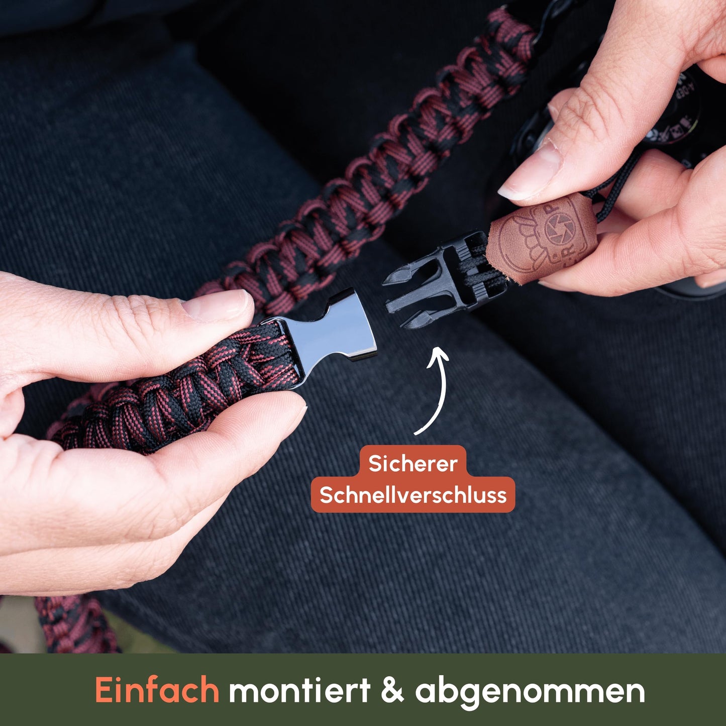C-Rope camera strap THE TRAVELER hand-braided from paracord, shoulder strap with quick release, 125cm, black-red - CRP-TRL-125-BLR